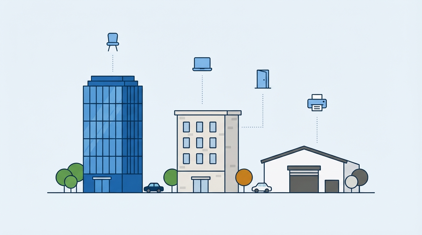 Three stylised commercial buildings side by side, with icons of the furniture, IT hardware and doors inside them floating above