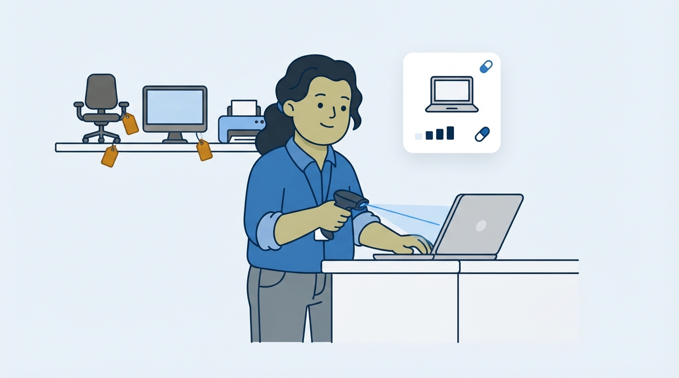 An IT asset lead scans a laptop at a counter and a record card appears beside it