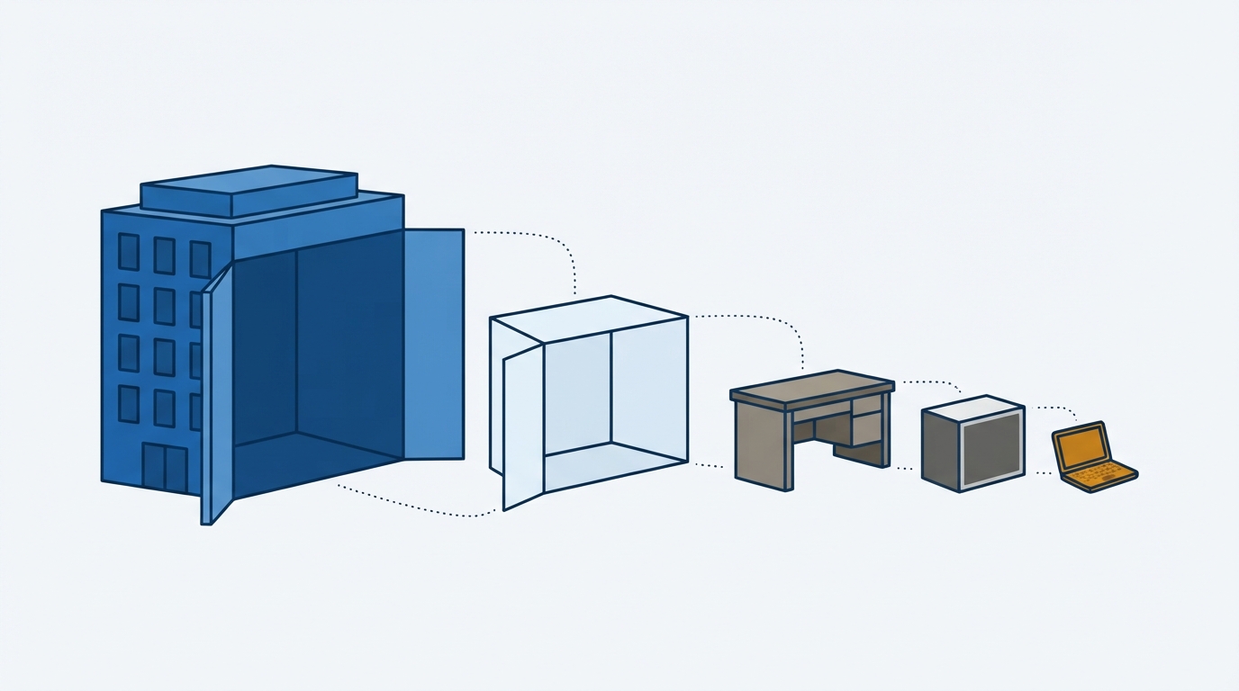 A building, a room, a desk and a laptop drawn open one inside the next, like nesting dolls