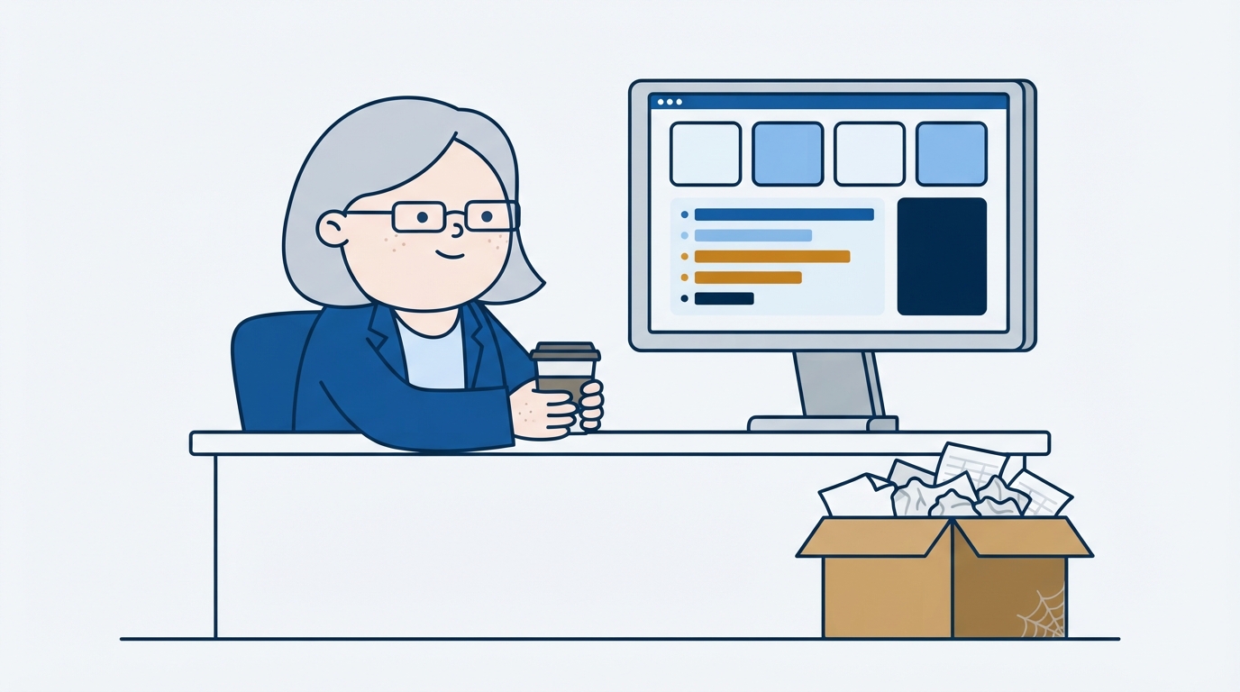 A finance partner sits calmly reading a dashboard on screen, with a box of discarded paper spreadsheets on the floor