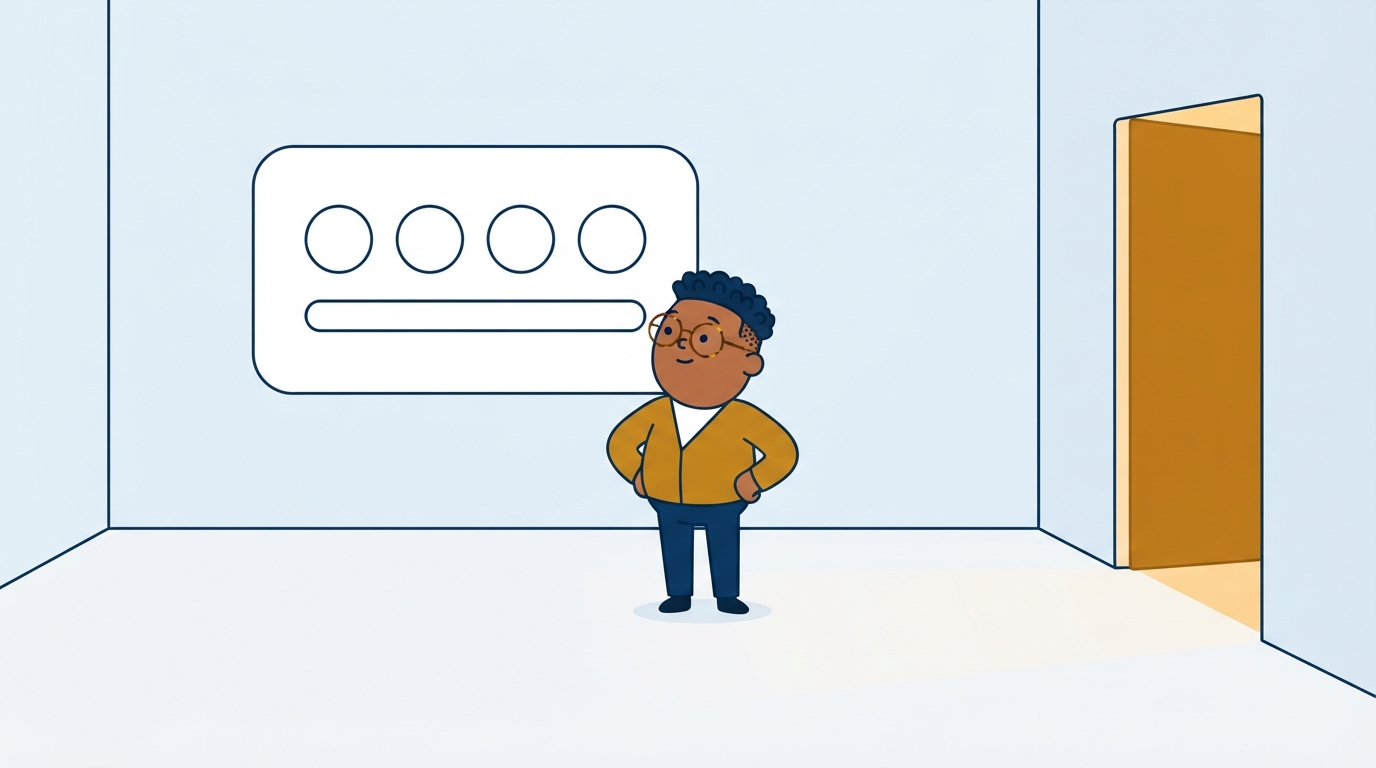 A person stands in an empty room looking up at a dashboard panel showing four empty circles, with a lit doorway to one side